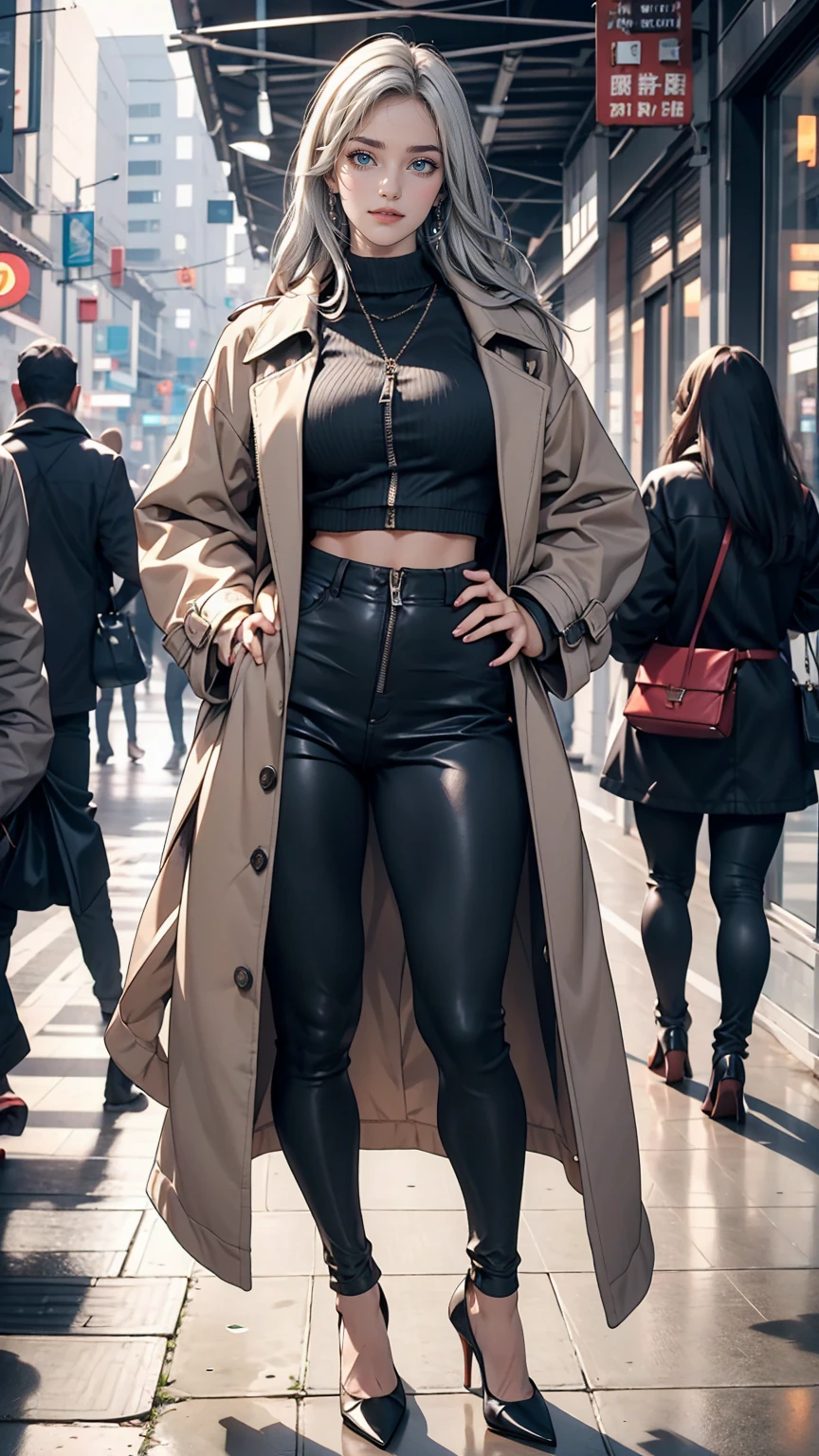 Attractive 24 year old woman、Silver Hair、long hair、Wear high-neck zipper-up tops、Wear leggings、Wearing high heels、Wear a long coat、Place your hands on your hips、smile