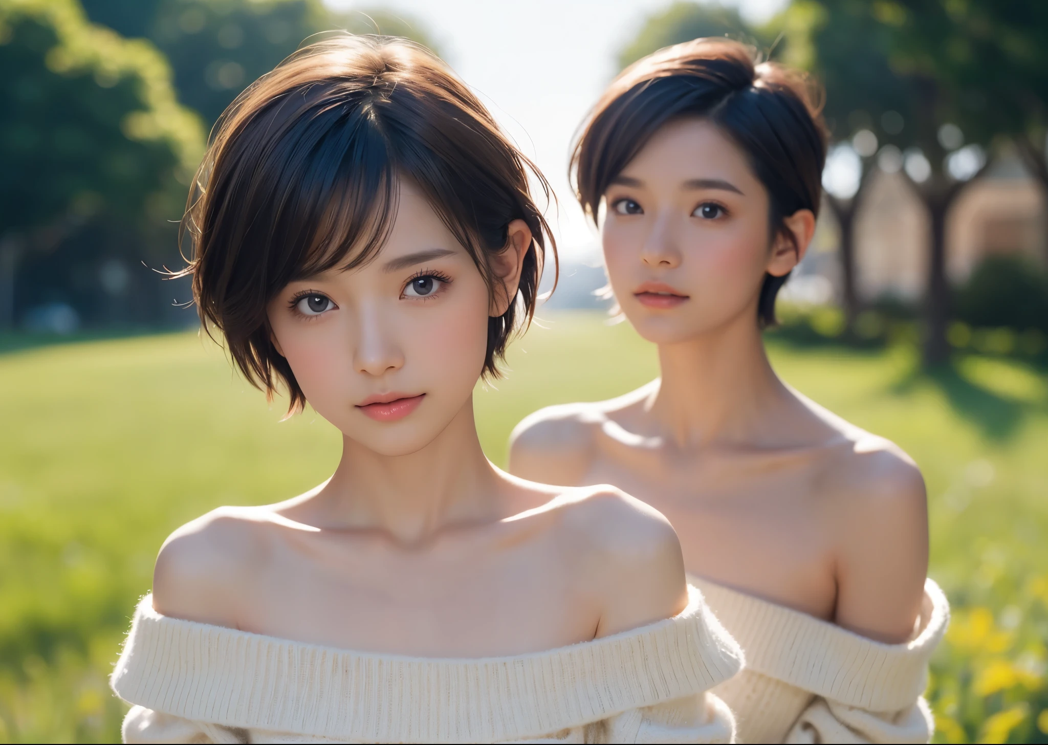 Portrait Photography、Fairy Tail、Short pixie cut hair、Cute Fairy、She and the Stars Background、View here、Front of body、White off-the-shoulder sweater、Perfect lighting、Perfect body、Sharp Focus、High definition、high resolution、High color rendering、High resolution、Ultra-realistic、photo realistic