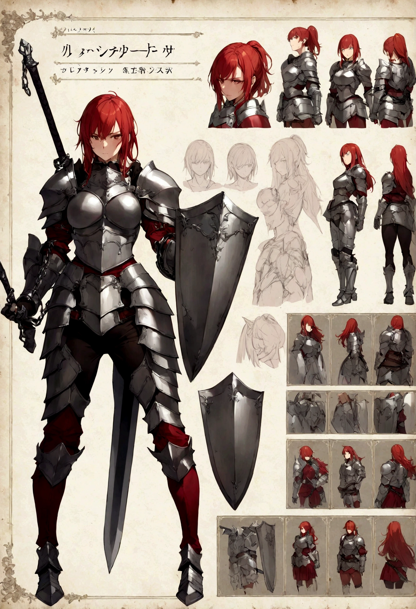 female character heavy plate armor, shield and sword, muscular, red hair, full of scar, character sheets,chained