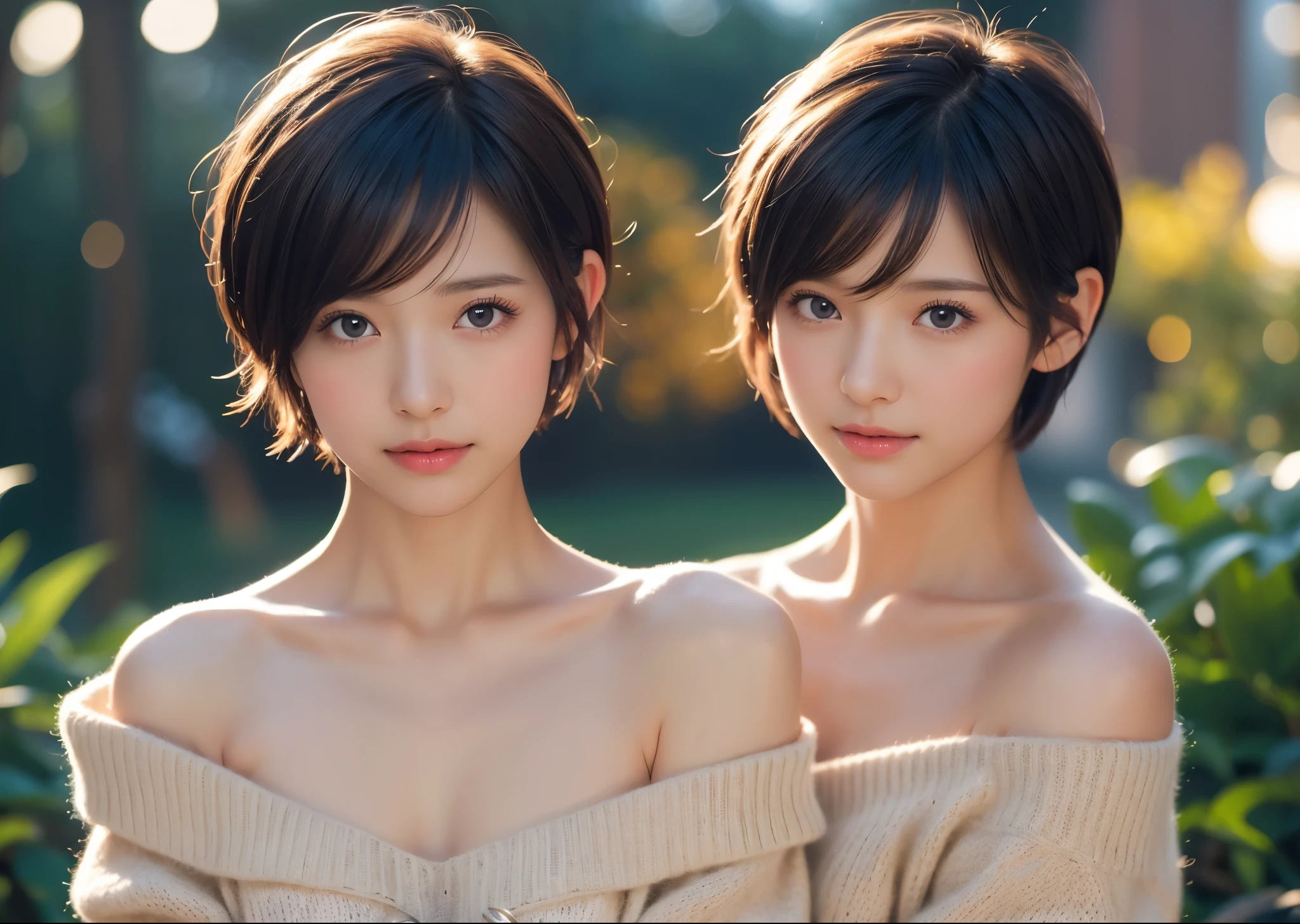 Portrait Photography、Fairy Tail、Short pixie cut hair、Cute Fairy、She and the Stars Background、View here、Front of body、White off-the-shoulder sweater、Perfect lighting、Perfect body、Sharp Focus、High definition、high resolution、High color rendering、High resolution、Ultra-realistic、photo realistic