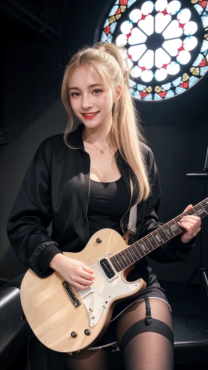 ((best quality)), photorealistic, photorealism, Photorealistic, high resolution, black jacket、 white t shirt 、Red checked knee-length skirt、Long skirt、JK Style、Jacket、smile、Knee-high socks、Thigh-high socks、pantyhose、A superb beauty、Super cute、ennui、Rare beauty、pony tail hair、Black Dark Eyeshadow、Sad、white skin、pale skin、pony tail hair、Dark Gothic Makeup、Cute Smile、Fragrant beauty、Stained glass background、Mastepiece、Best Quality、Refers to 5 books、Sweat glistening on my chest、Sweat glistening on my face、Small breasts、Blonde hair、Age 20 years old、Mysterious look、A sad expression、Blonde Hair、mysterious gothic church、enchanting castle、Sweating profusely all over the body、A lot of sweat and light on the thighs、Shiny thighs、Plenty of sweat glistening on the thighs、A large amount of sweat glistens on my thighs、Sweating profusely、Gal、Large breasts、beautiful face、Alluring expression、Thin thighs、Playing electric guitar、I have an electric guitar、Sing a song enthusiastically、Playing guitar in a band、Playing guitar chords、Live House Background、Sing a song、Open your mouth、Live house scenery、Mike stand、Glamorous live stage、Dynamic Angle、cinematic lighting