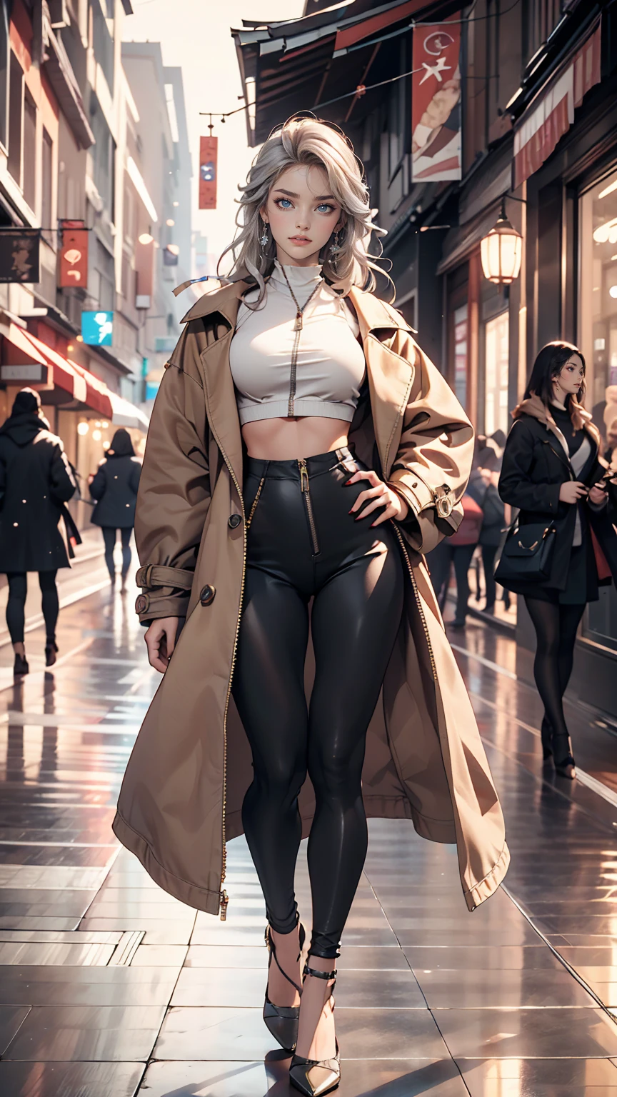 Attractive 24 year old woman、Silver Hair、long hair、Wear high-neck zipper-up tops、Wear leggings、Wearing high heels、Wear a long coat、Place your hands on your hips、smile