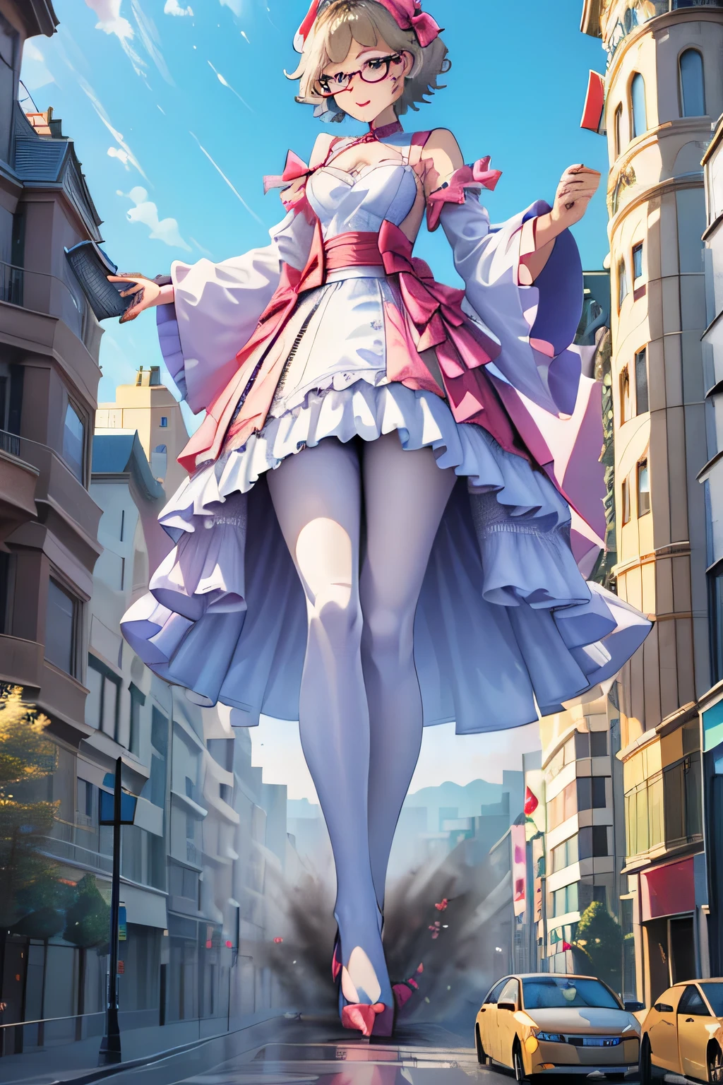 giantess art, highly detailed giantess shots, giantess, Two legs, Five fingers, short hair, super giant princess, A beautiful girl who is bigger than any skyscraper, Wearing rimless glasses, smile, Big Breasts, White gorgeous dress, White Pantyhose, white pantyhose, White stiletto sandals, toes visible through pantyhose, Destroying cities, A very small big city, Miniature metropolis, Full body description, GTS, giga giantess, stomping city, crash city, tiny city, micro city, pantyhose feet, High resolution, highest quality, masterpiece, princess dress, 