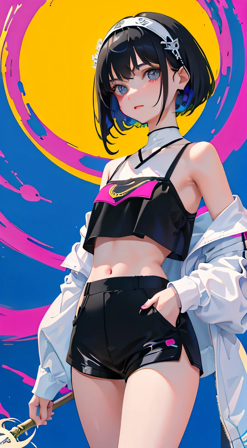 (short cute girl,small young student,young delicate girl),(masterpiece,Top quality),Crop Top Look,pastel clothing,long black hair tiny tight shorts psychedelic background High definition headband lace top