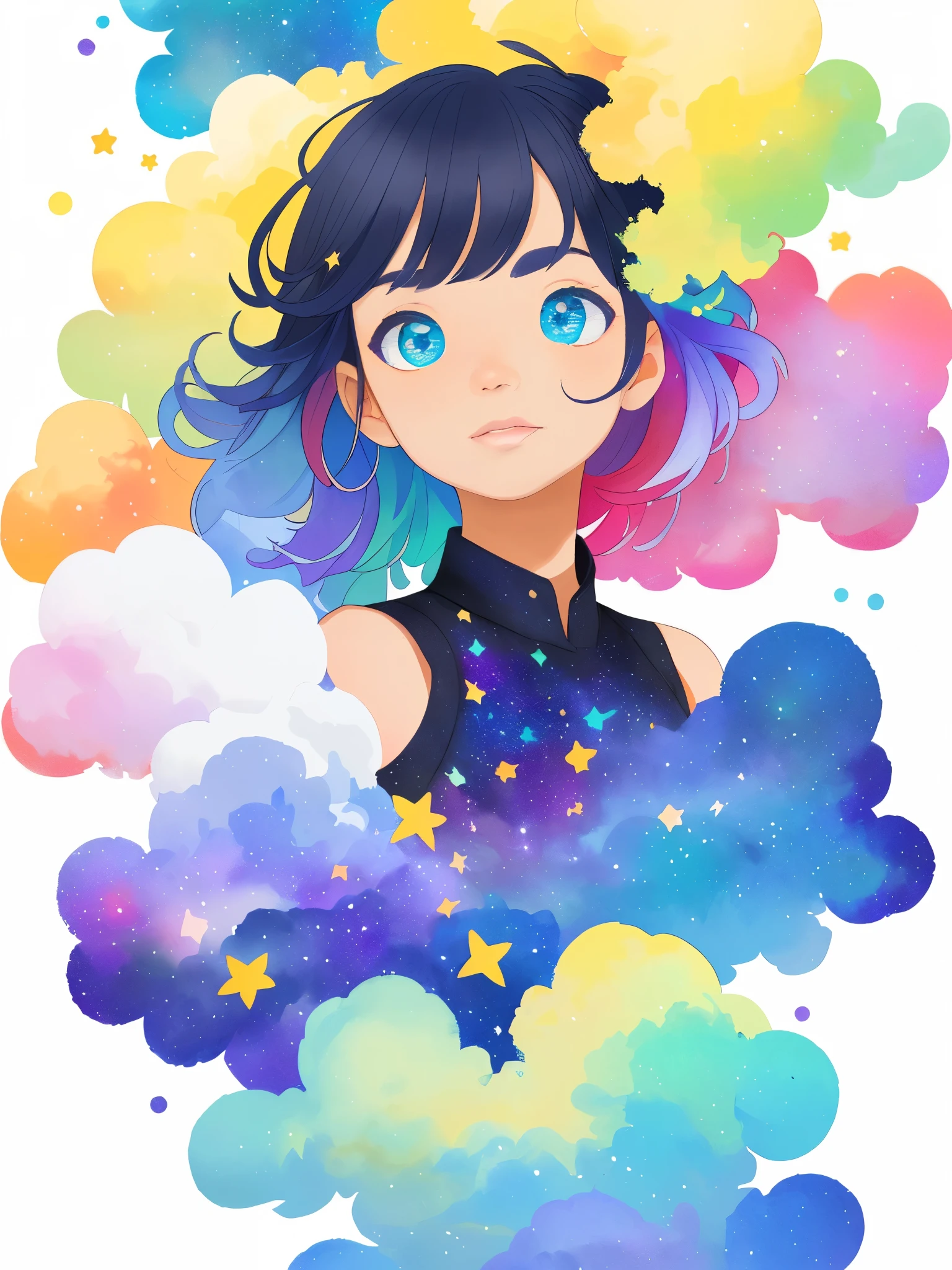 ((masterpiece)), (((best quality))), ((ultra-detailed)), ((illustration)),[realism light effect],shadow,(Fantasy style),(white background:1.6), simple background, (earth theme),(a clothes)[(hair focus,((1girl)),[(big slime hair): (cloud hair):0.3], (hair on background),(high saturation),(hair surrounded by galaxy splashes),)):((her hair is becoming galaxy clouds,:1.27628), (hair and clothes is galaxy clouds and cluster of stars:1.1025),(a clothes is becoming galaxy clouds)(colorful_galaxy_print_clusters_of_stars_print:1.35),((detailed starry sky with colorful galaxy and galaxy clouds):1.2)):0.35], (((masterpiece))),(((best quality))),((ultra-detailed)),(illustration),(dynamic angle),((floating)),(paint),((disheveled hair)),((beautiful detailed face)),collar,bare shoulders, ((colorful hair)),((streaked hair)),beautiful detailed eyes,(Gradient color eyes),(((colorful eyes))),(((colorful background))),(((high saturation))),(((surrounded by colorful splashes))),(((surrounded by colorful dot))),colorful bubble,((shining)),