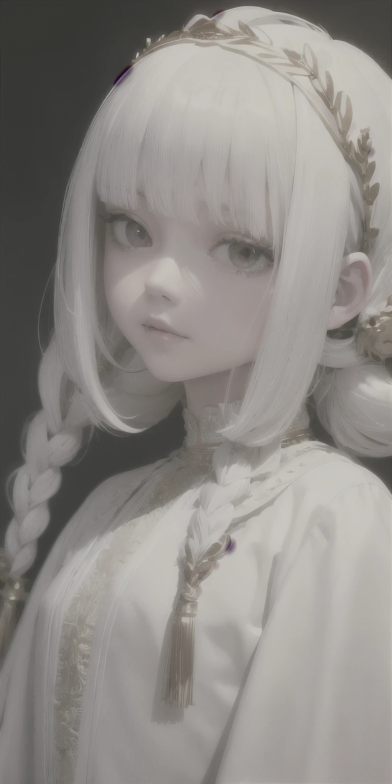 best quality, masterpiece,white hair, gold eyes,white clothes, looking up, upper body,hair strand,Fair skin,side braids