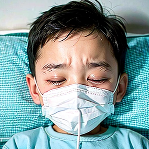 Handsome kindergarten boy with infectious disease、Appearance of suffering. He is wearing a white mask. He has a high fever. he is sleeping. He has a cough. He is exhausted. He is taking his temperature with a thermometer. He is dying. He is cooling his forehead with a cooling gel sheet..Are crying