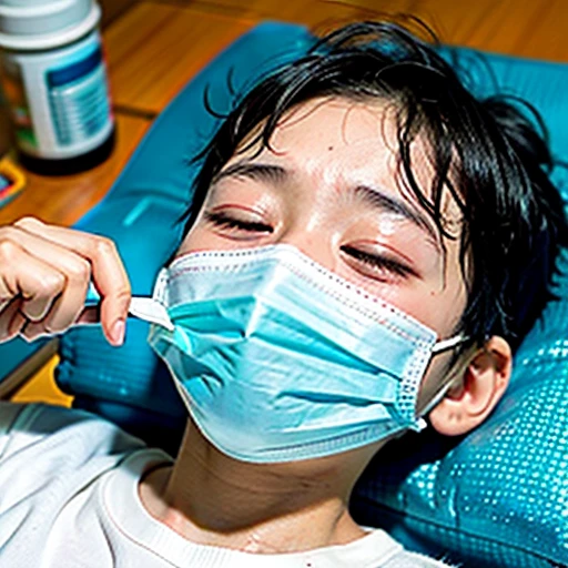 Handsome kindergarten boy with infectious disease、Appearance of suffering. He is wearing a white mask. He has a high fever. he is sleeping. He has a cough. He is exhausted. He is taking his temperature with a thermometer. He is dying. He is cooling his forehead with a cooling gel sheet..Are crying