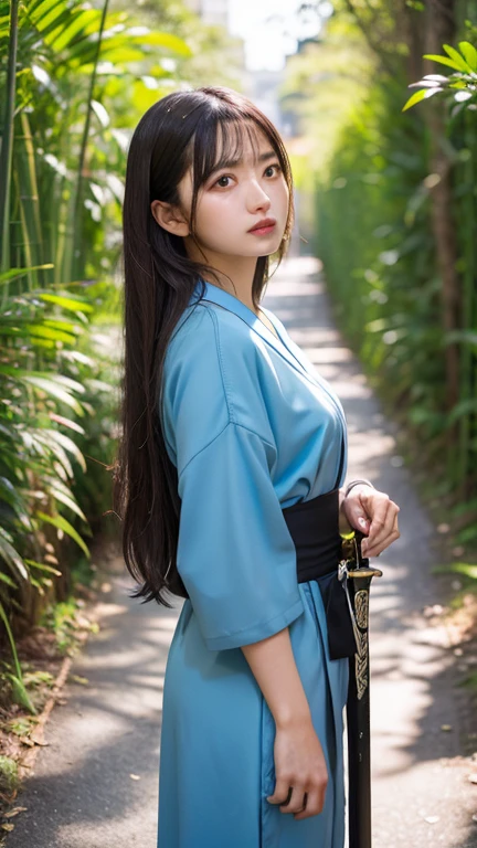 ((Holding a sword)))、(((Tears running down my cheeks)))、Beautiful Japanese Supermodel Women, Hair with subtle highlights,Long Hair、 iris, sexy,Bamboo forest background,Gorgeous kimono (Floral), Backlit photography,perfect face lighting,Mixed Media,((Full Body Shot))