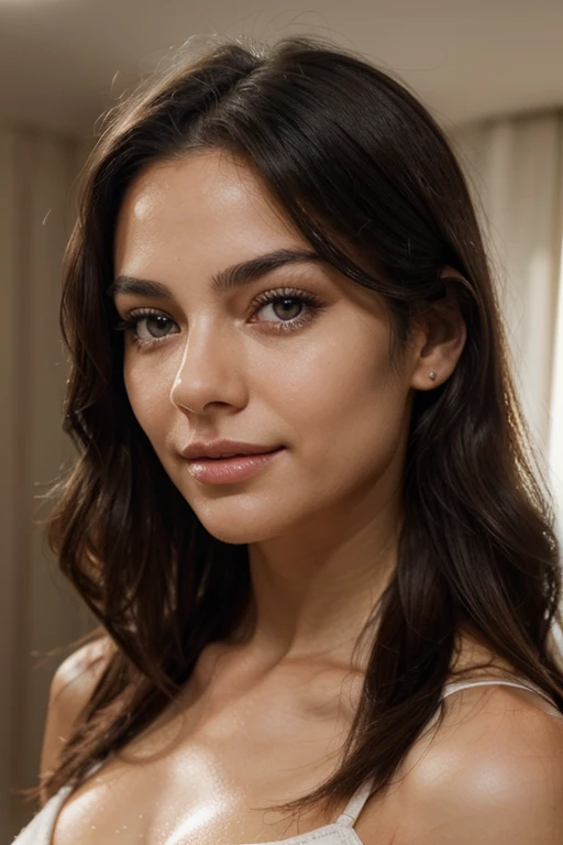 "Create an ultra-realistic image of a woman about 30 years old with an athletic and well-groomed physique, of Italian ethnicity, with long wavy black hair, smooth skin, and blue eyes. Her face shows a serene and slightly smiling expression. The skin should be tanned with visible natural imperfections. The eyes should have realistic reflections and well-defined eyelashes and eyebrows. The lips should be natural, slightly plump, with a light gloss. Each hair strand should be well-defined with light reflections showing its natural shine. The bust should be a generous and firm size C, just slightly visible. Her gaze should be seductive and hypnotizing at first glance.