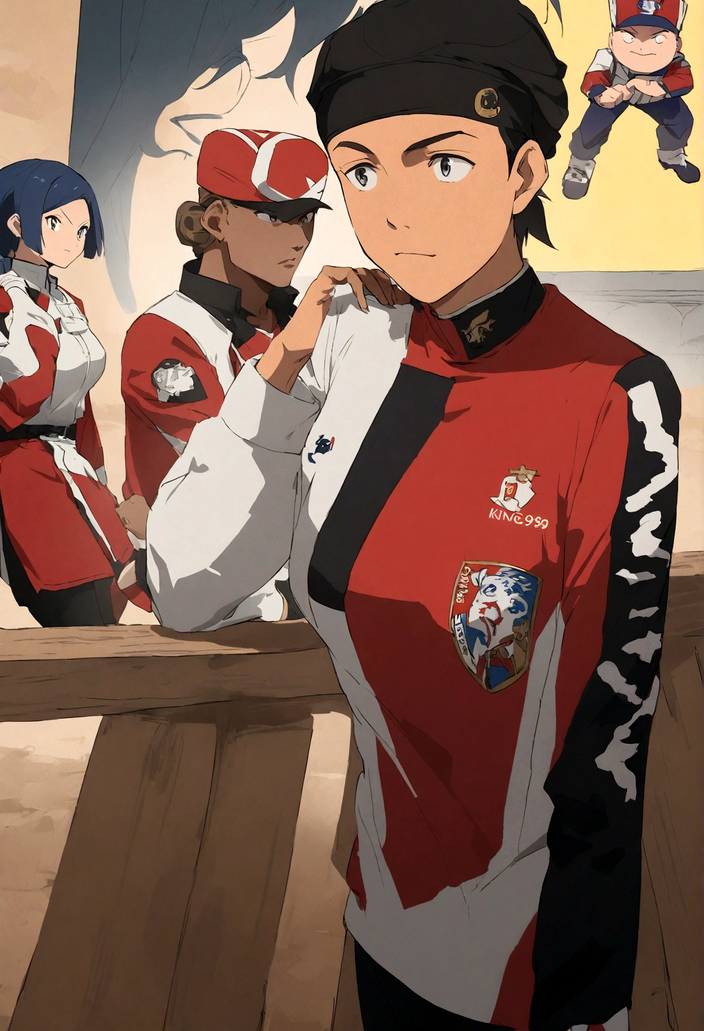 Kyllian Mbappé with the jersey&#39;French team in anime style , king equipment, Standard Scenario , Regard , (( image without distortions )) , Best resolution , Best quality , Chef-d&#39;artwork