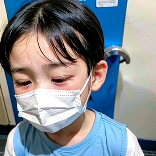 Handsome kindergarten boy with infectious disease、Appearance of suffering. He is wearing a white mask. He has a high fever. he is sleeping. He has a cough. He is exhausted. He is taking his temperature with a thermometer. He is dying. He is cooling his forehead with a cooling gel sheet..Are crying