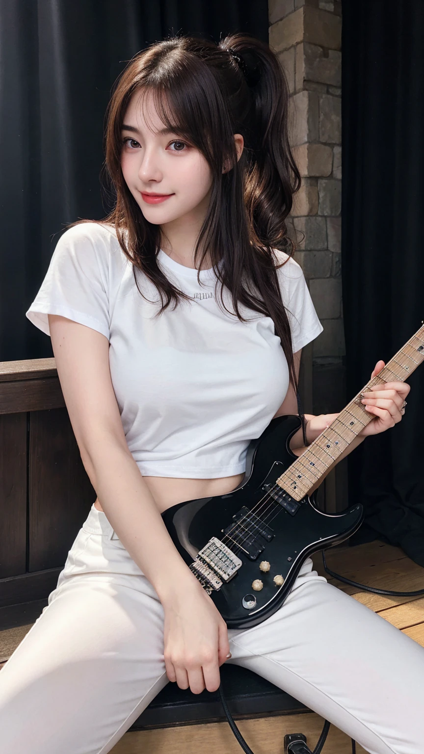 ((best quality)), photorealistic, photorealism, Photorealistic, high resolution、white t shirt 、Rubber Long pants、Long pants、JK Style、smile、A superb beauty、Super cute、ennui、Rare beauty、pony tail hair、Black Dark Eyeshadow、Sad、white skin、pale skin、pony tail hair、Dark Gothic Makeup、Cute Smile、Fragrant beauty、Stained glass background、Mastepiece、Best Quality、Refers to 5 books、Sweat glistening on my chest、Sweat glistening on my face、Large breasts、Brown hair、Age 20 years old、Mysterious look、A sad expression、Brown Hair、mysterious gothic church、enchanting castle、Sweating profusely all over the body、A lot of sweat and light on the thighs、Sweating profusely、Gal、Large breasts、beautiful face、Alluring expression、Thin thighs、Playing electric guitar、I have an electric guitar、Sing a song enthusiastically、Playing guitar in a band、Playing guitar chords、Live House Background、Sing a song、Open your mouth、Live house scenery、Mike stand、Glamorous live stage、Dynamic Angle、cinematic lighting