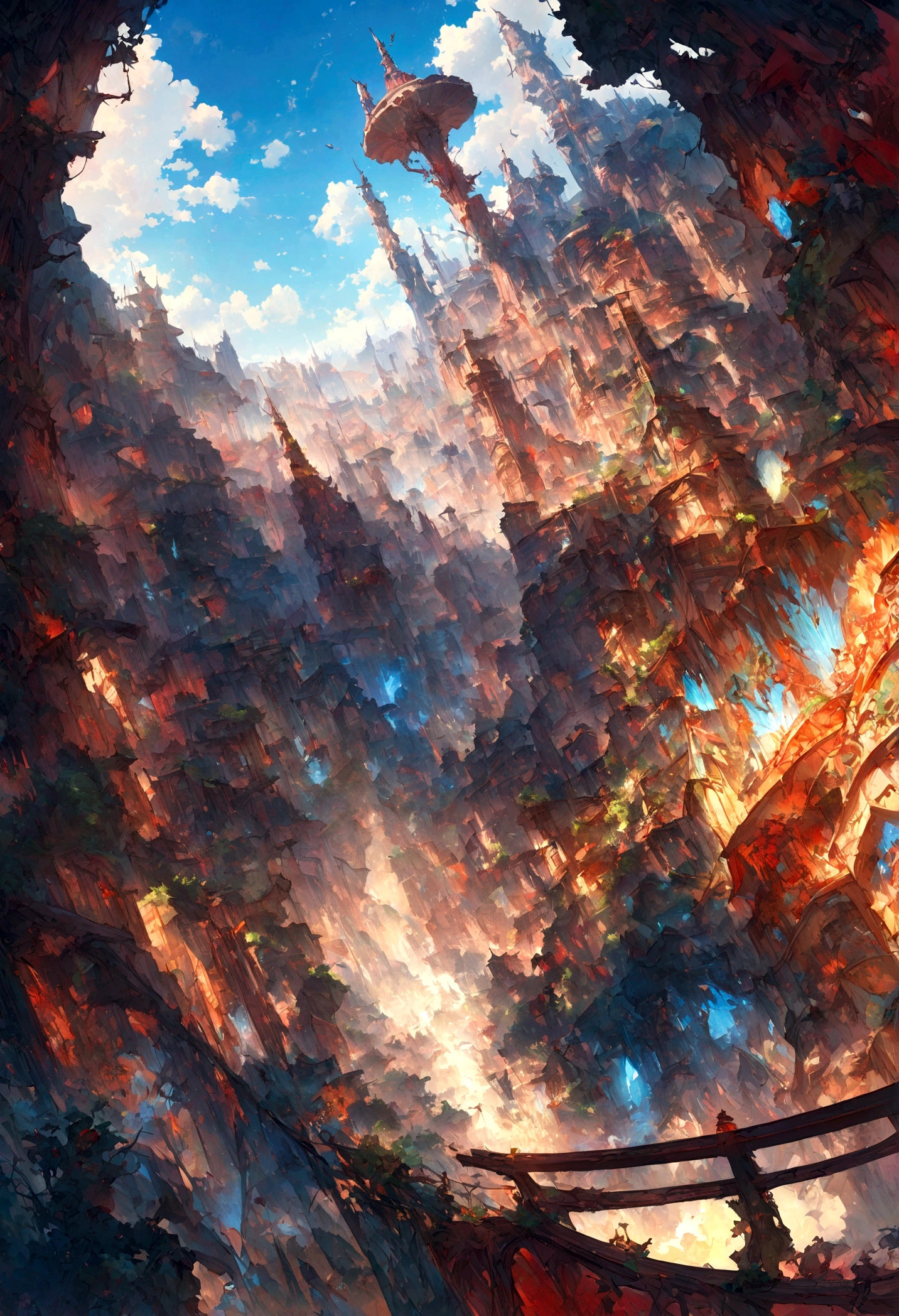 Chinese painting, Modern Chinese background,City high-rise,Xiangyun,Sunlight,View from the street looking up,Use a psychedelic color scheme,Super detailed illustrations,Light red and sky blue,Imaginary landscape,Psychedelic comics,风景和Ultra HD图像,1.4 times more realism,masterpiece, Super Detail, epic work, Ultra HD, high quality, Extremely detailed, official art, Unity 8k wallpaper,Super Detail
