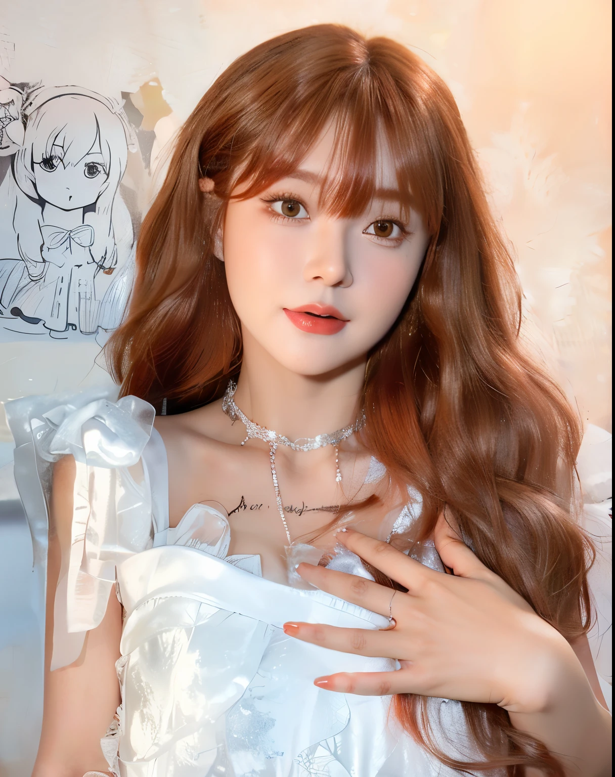 Close up of woman with long red hair wearing white dress, Best Face, cabelos longos With bangs, hime cut, ginger wavy hair,  comprido With bangs completa, Larisa Manoval, Long, shiny, ethereal hair, long red wavy hair, With curly red hair, long orange wavy hair, cabelo arrumado With bangs, With bangs