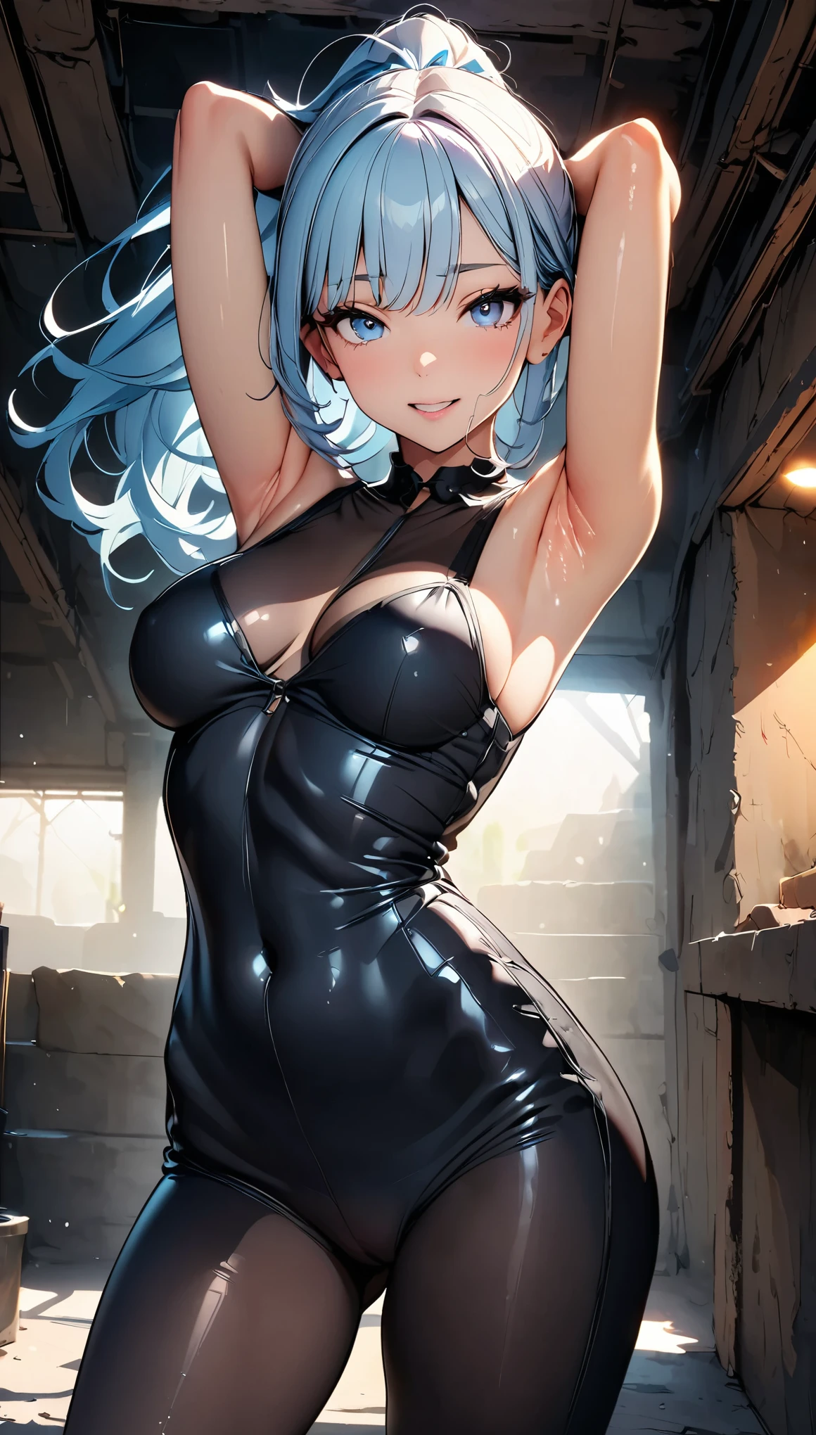 (highest quality, 8k, 4K, High resolution, masterpiece:1.2), Very detailed, Beautiful illustrations, Bright colors, Lens flare, Natural light, one person, woman, Beautiful facial details, Beautiful Eyes, Long eyelashes, Soft lips, (Small face), (Light blue hair, ponytail, Light blue eyes), Perfect Face, Shiny skin, (Beautiful breasts), Laughing with your mouth open:1.2, (Black bodysuit:1.2, Partially sheer material, Hands behind head:1.2, Show me your armpits), (Gazing at the viewer, Cowboy Shot), basement, Dark Room, Dim Lights, Light and shadow with attention to detail, Background blur.