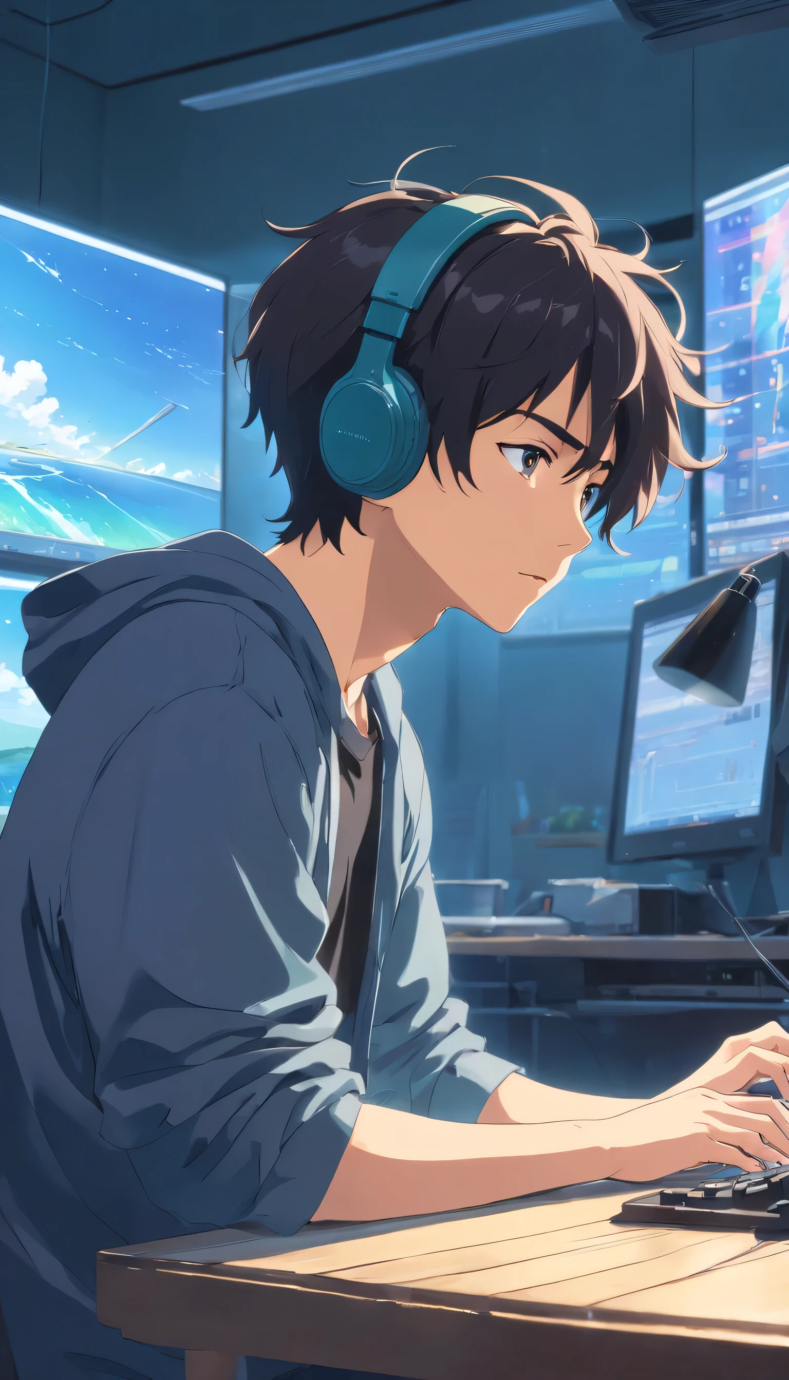 Masterpiece, hiquality, Best Quality, HD, Realistic, perfect  lighting, Detailed body, 1 male, black curly hair, Black T-shirt, serious expression, wearing headphones, open mouth, facing the computer monitor, In the room, Mess in the room, In the room, there is a lot of room, darkroom, Your hair will turn your eyes