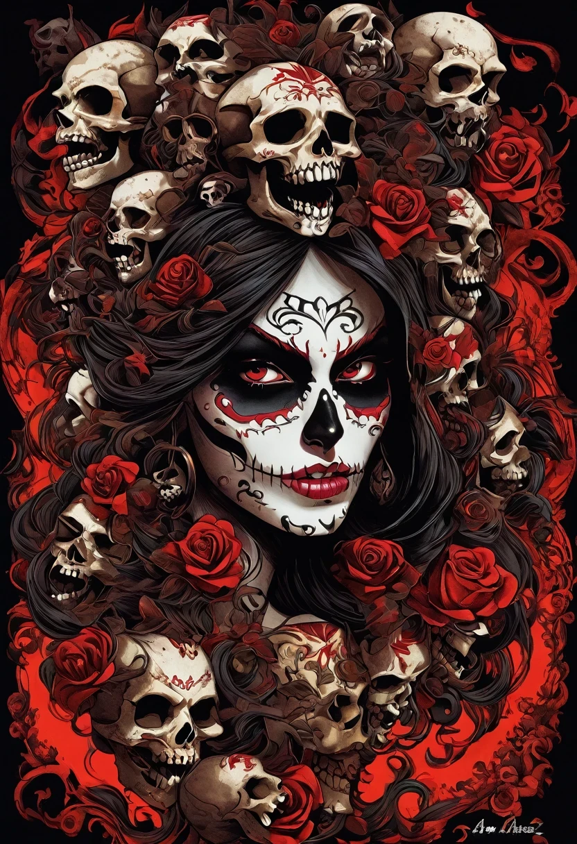 《Avareza》,Bad women and lots of skulls,Life is varied,The devil's eyes are deep and burning with fire,The body is shrouded in a dark atmosphere。Their faces may be smiling,Maybe there is a deep sadness hidden。Symbol of the devil,They tempt people to explore the edge of darkness。Black smoke,diamond,Avareza