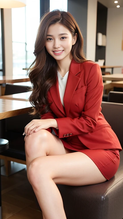  highest quality, Realistic, Very detailed, finely, High resolution, 8k wallpaper, 1. Beautiful woman,, Light brown messy hair, Wearing a red business suit,wearing a red slit skirt、 Sharp focus, Perfect dynamic composition, sitting in a suburban cafe,finelyて美しい目, Thin Hair, Detailed and Realistic skin texture, smile,  Model Body Type、Beautiful legs、Full Body Shot,Smile and laugh,
