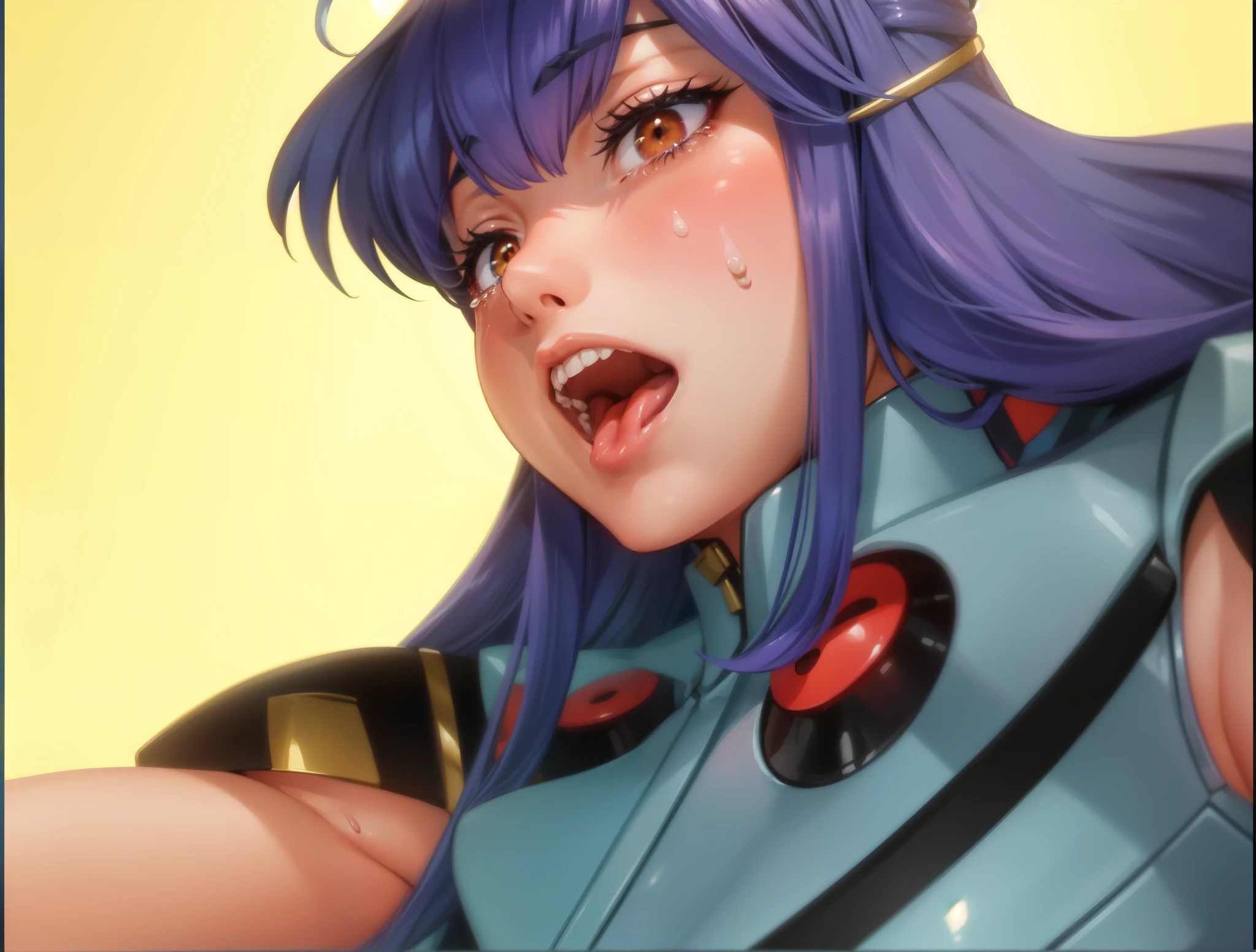 Female Combatant、Purple haired Japanese girl、Close-up of a girl in a blue leotard、Blue glossy leotard、Blue knee-high boots、Yellow Globe、Saiyan Girl, wonderful, Nano Girl, Female body type, Inspired by Hiromu Arakawa, Anime Manga Robot!! Anime Girls, Fubuki, Full Body Suit, by Hiromu Arakawa、wonderful, silk, Beautiful and attractive anime teen, Anime Girls of the future, tears,Drooling,Pee,Sweat,Tongue out,incontinence,Peeing,Mouth open and tongue out,Estrus,Eyes wide open,Estrus,Blushing,Nipples are erect,Face is hot,Lust、Mouth wide open and tongue sticking out、incontinence、Crying face、Drooling、Red lips、Red tongue