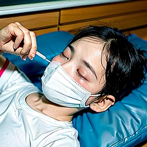 Handsome  with infectious disease、Appearance of suffering. He is wearing a white mask. He has a high fever. he is sleeping. He has a cough. He is exhausted. He is taking his temperature with a thermometer. He is dying. He is cooling his forehead with a cooling gel sheet..Are crying