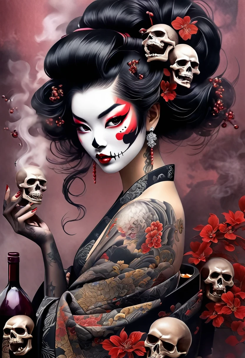 《Avareza》,Bad Geisha Girl and Lots of Skulls。Black smoke,diamond,Avareza,Tattoo,Wine Bottle,chaos,Life is varied,The devil's eyes are deep and burning with fire,The body is shrouded in a dark atmosphere。Their faces may be smiling,Maybe there is a deep sadness hidden。Symbol of the devil,They tempt people to explore the edge of darkness