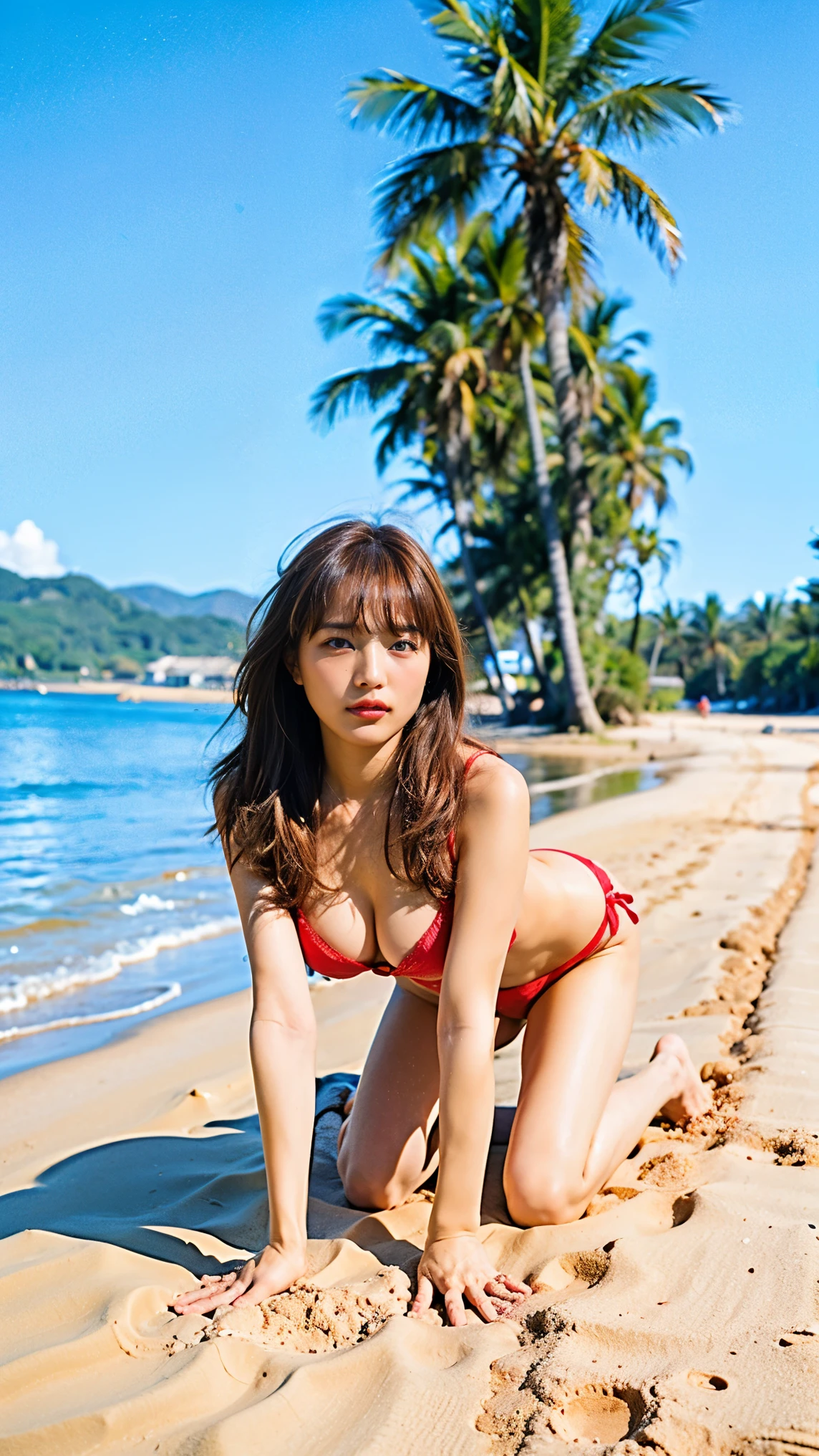 (8k、RAW Photos、highest quality、masterpiece:1.2)、(Realistic、Realistic)、1 girl、((Red Bikini、Big Breasts、View from the front、Sandy Beach、blue sky、On all fours))、Lots of eyelashes、Glowing eyelids、skeletally correct