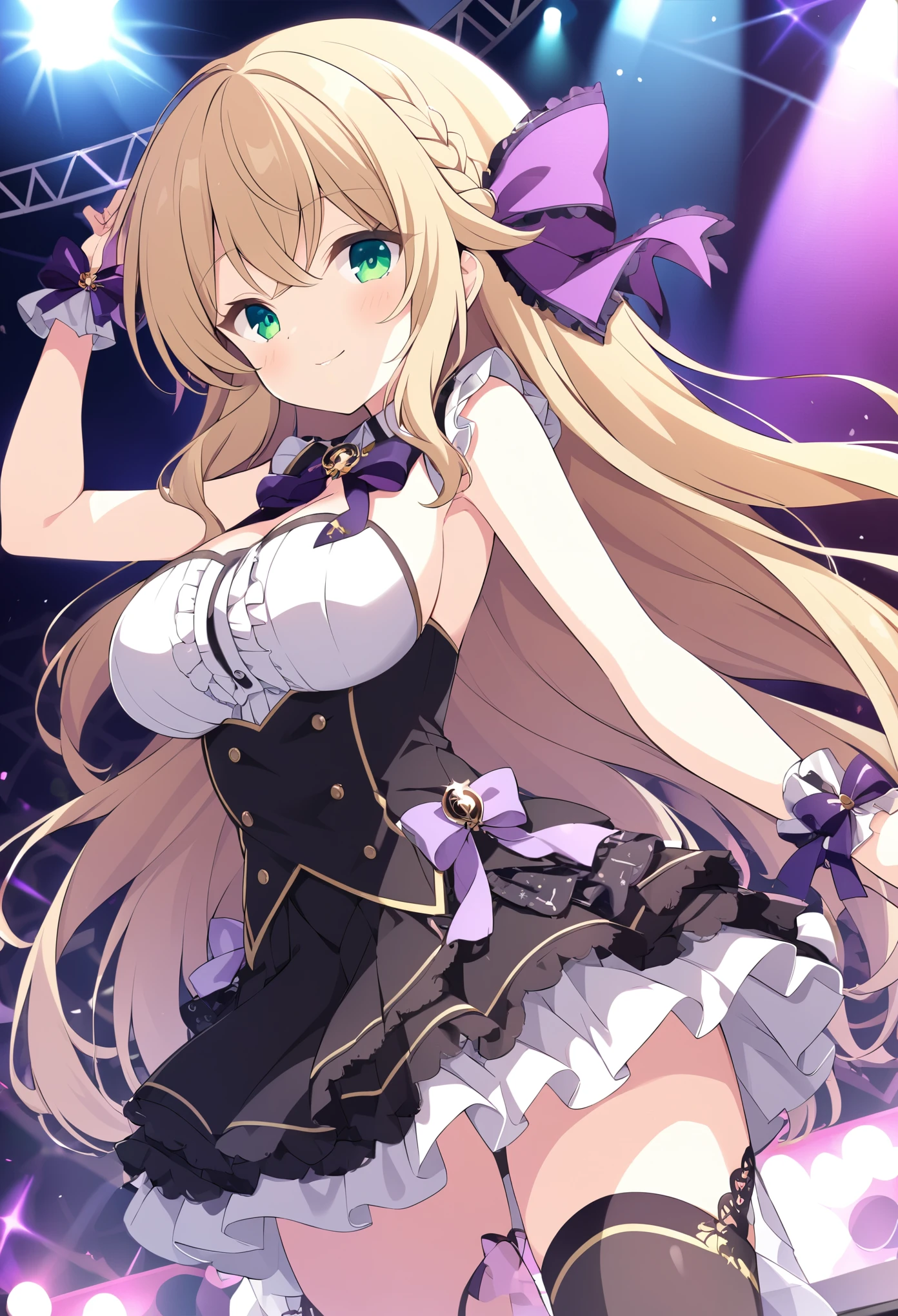 MOCHIZUKIERENA, BLONDE HAIR, HAIR BETWEEN EYES, FRENCH BRAID, HAIR RIBBON, PURPLE RIBBON, VERY LONG HAIR, GREEN EYES,, large breasts, live stage, solo,