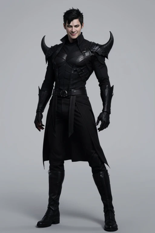 Valus is an ordinary demon standing at 1.75m tall. He has short black hair and red eyes. His skin is pale. He wears a black uniform with a white shirt underneath and black boots. Big bulge in pants. Flirty smile
