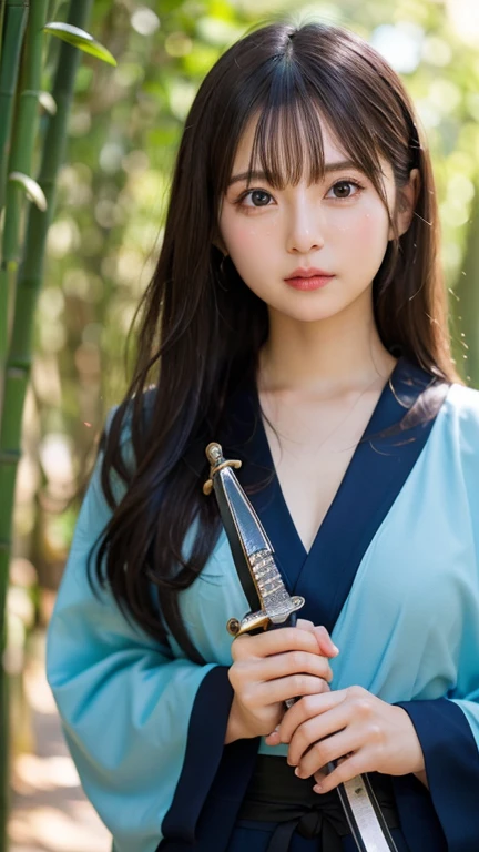 ((Holding a sword)))、(((Tears running down my cheeks)))、Beautiful Japanese Supermodel Women, Hair with subtle highlights,Long Hair、 iris, sexy，Bamboo forest background，Gorgeous kimono （Floral）, Backlit photography，perfect face lighting，Mixed Media,((Full Body Shot))