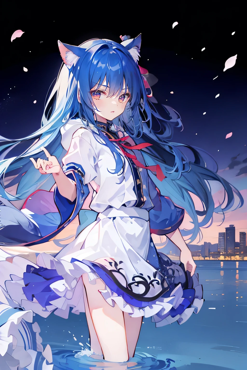 （masterpiece：1.2），Super detailed，lifelike，Expressive eyes，fair skin，perfect face shape，1 girl，
Japanese comics,Gorgeous blue hair,flowing blue hair,flowing clothes,Cat ears,Petals fall,beautiful lola,Baby Angel,
Shaking head with one hand，Cross your legs，Gentle and peaceful background，The pavilion is cool and comfortable,smile, wearing hoodie, background of tokyo,back views,snowing, winter,lie on the water.