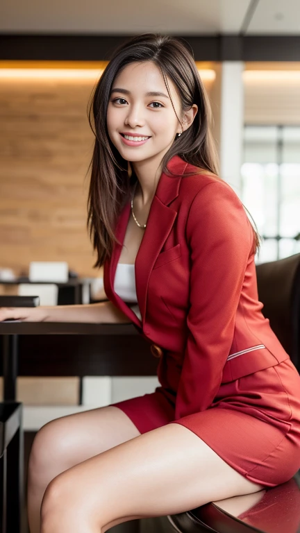 highest quality, Realistic, Very detailed, finely, High resolution, 8k wallpaper, 1. Beautiful woman,, Light brown messy hair, Wearing a red business suit,wearing a red slit skirt、 Sharp focus, Perfect dynamic composition, sitting in a suburban cafe,finelyて美しい目, Thin Hair, Detailed and Realistic skin texture, smile, Model Body Type、Beautiful feet、Full Body Shot,Smile and laugh,