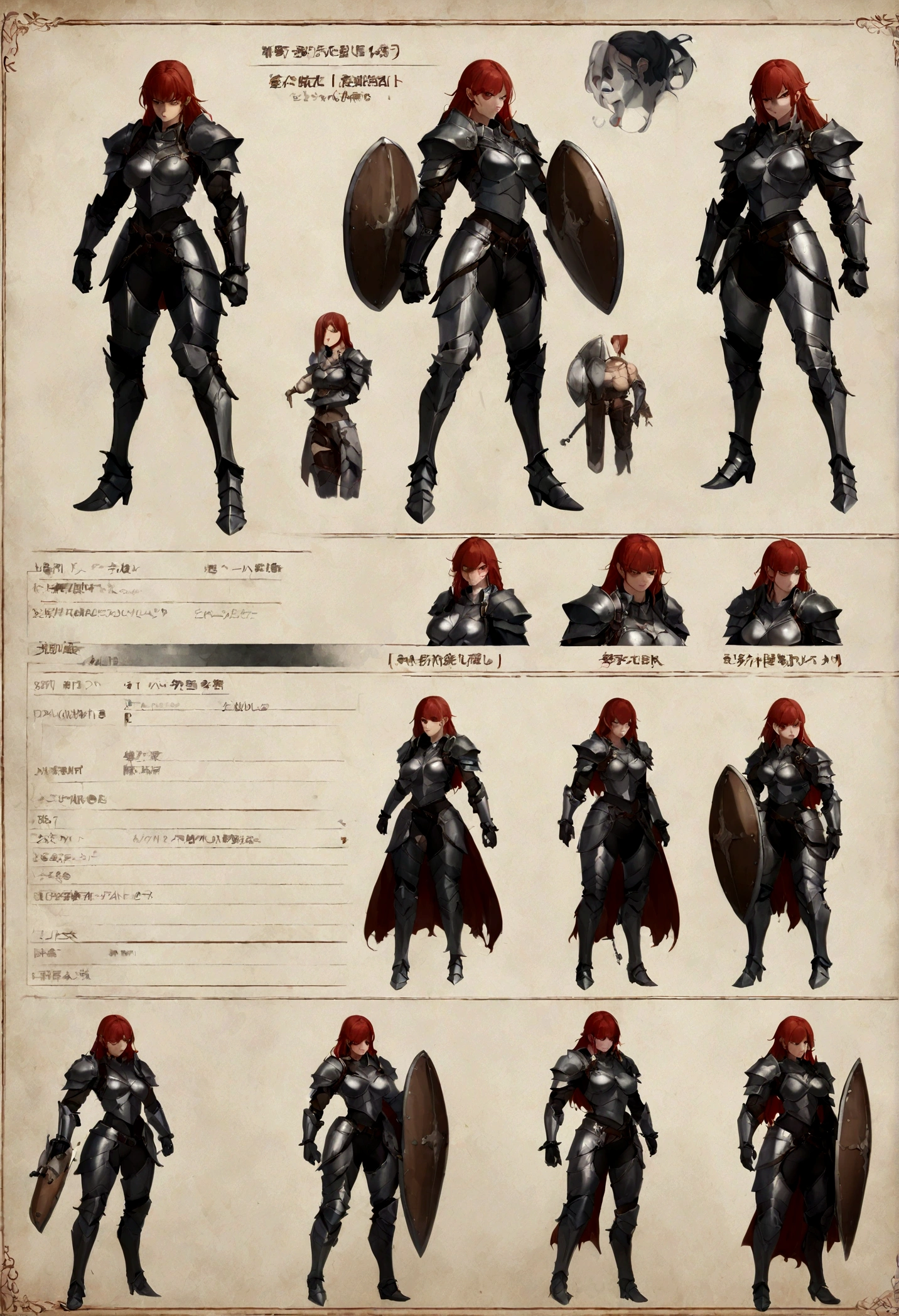 female character heavy plate armor, shield and sword, muscular, red hair, full of scar, character sheets,chained,sexy,evil character,ghost