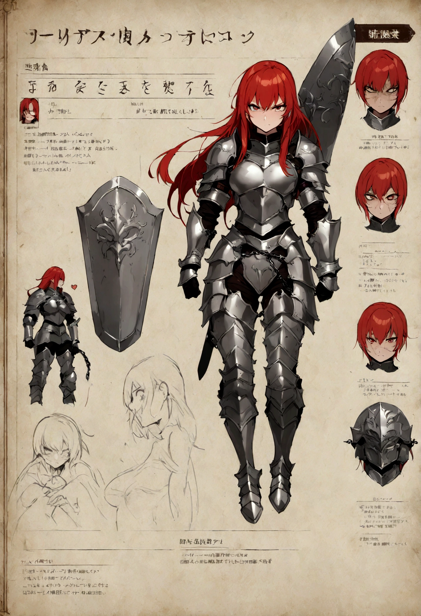 female character heavy plate armor, shield and sword, muscular, red hair, full of scar, character sheets,chained,sexy,evil character,ghost