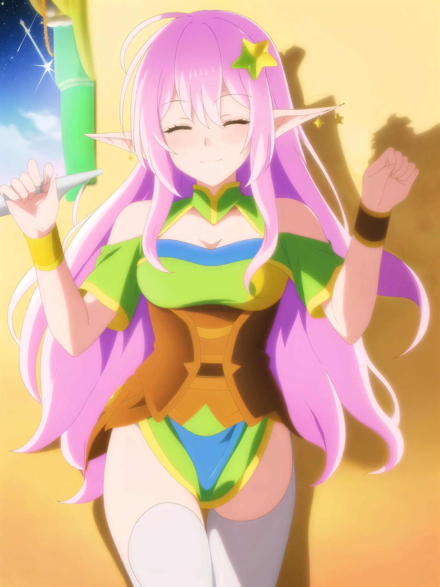 (((Best quality))),((Ultra-detailed)),((illustration)),((Disheveled hair)),((frilld)),(1 girl),
 1girl , bare shoulders , blush , breasts , card \(medium\) , card parody , christmas ornaments , christmas tree , cleavage , closed eyes , closed mouth , crescent , cross , elf , eyebrows visible through hair , fairy wings , flower , hair between eyes , hexagram , holding , holding wand , kirby , long hair , long pointy ears , medium breasts , meer campbell , orange background , pentagram , pink hair , pointy ears , rainbow background , rena erindel , rosalina , seashell , seikan hikou , shell , shikigami , shooting star , shuriken smile solo sparkle sparkle background star \(sky\) star \(symbol\) star choker star earrings star guardian \(league of legends\) , star hair ornament , star hat ornament , star necklace , star pasties , star print , starfish , starry background , sun symbol , tarot , thighhighs , very long hair , wand , white flower , white legwear ,yellow butterfly ,