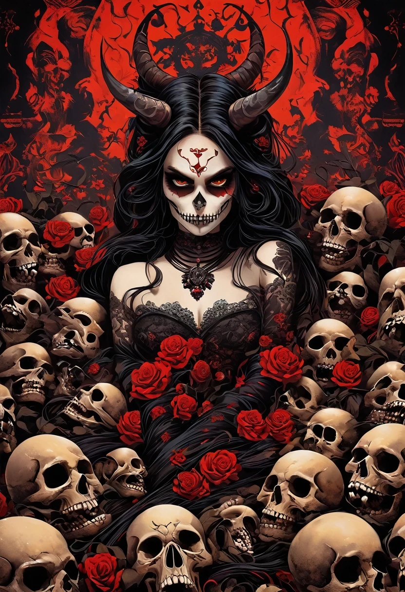《Avareza》，Bad women and lots of skulls，Life is varied，The devil&#39;s eyes are deep and burning with fire，The body is shrouded in a dark atmosphere。Their faces may be smiling，Maybe there is a deep sadness hidden。The devil is a symbol of peace，They tempt people to explore the edge of darkness。