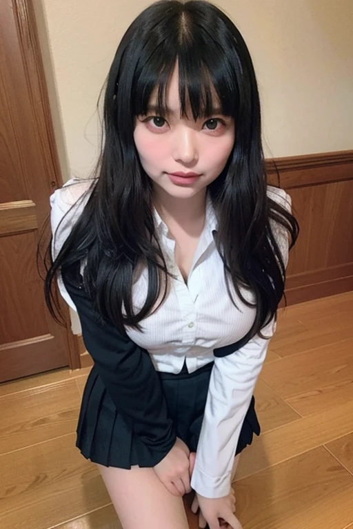 highest quality,beauty,Beautiful face in every detail,Angry face,Japanese,Long Hair(Black Hair,With bangs,)Very large eyes,(Red eyes),beauty,Big Breasts(Big Breasts,Very large ,extremely Big Breasts,Deep Valley,Big Breasts)Big Ass,1.8,Highly detailed costume, smile, High school girl uniform blazer,Pleated skirt(Tiny mini skirt),super high quality,Big nipples,Spread your legs,Ocean,