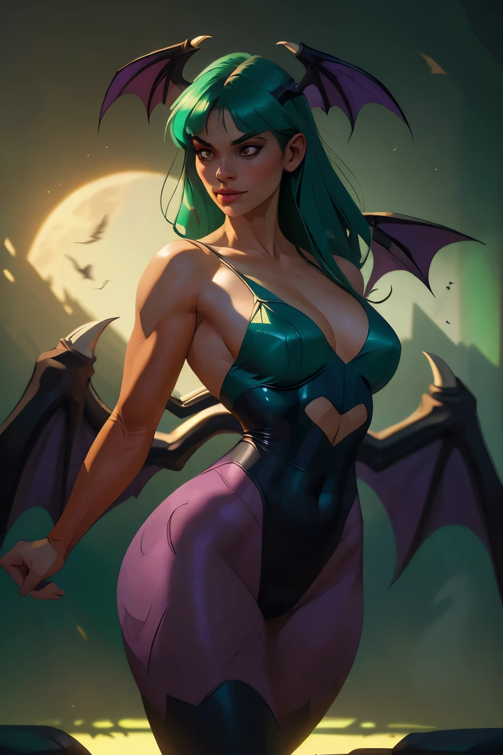 Realistic oil paint portrait of Morrigan Aensland, moonlight, ((hot Body, camel toes)) , ((Dynamic pose)) , soft smile, long green hair black costume , (((Bat wings))) , Hot body, athletic, (purple legs) , detailed skin Textures, intricate, detailed face, hyperrealistic, realistic light and shadows . (((Cinematic cian and green lighting))) .