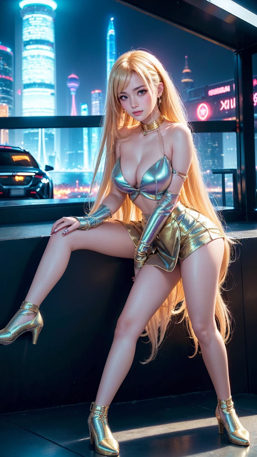 detailed futuristic park,skyscrapers,((shiny Atlantis metallic architecture)),(((hovering cars))),neon lights,glowing holographic displays,futuristic girl taking a selfie,bright happy smile,warm lighting,vibrant colors,cinematic atmosphere,photorealistic,8k,high resolution, ((( Russian and Japanese mix, golden hair, straight long hair, gazing, parted lips))), (((skirt)))