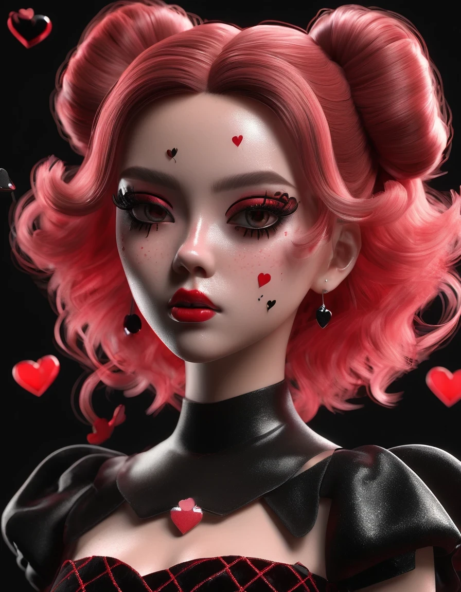 Close-up of face, pop mart design, blind box, real skin texture, bad girl, hairpins, black red velvet dress, hearts, playing cards, smoky makeup, black background, full body, blush, freckles, 3d render, octane render, c4d, blender, 8k，niji expressive， Demon&#39;s Crown, Angry expression, Serge Rutten&#39;s style, cecil beaton style
