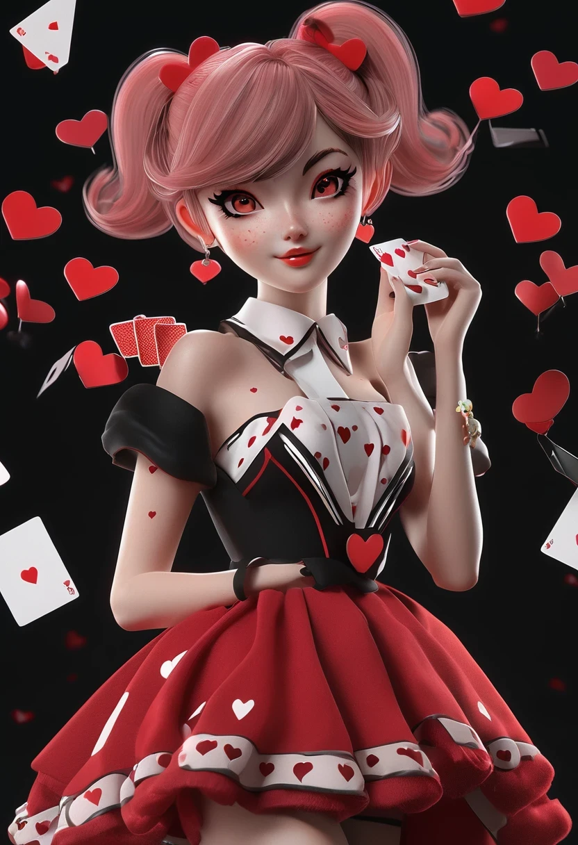 pop mart design, blind box, real skin texture, bad girl, hairpins, black red velvet dress, hearts, playing cards, smoky makeup, black background, full body, blush, freckles, 3d render, octane render, c4d, blender, 8k, hd