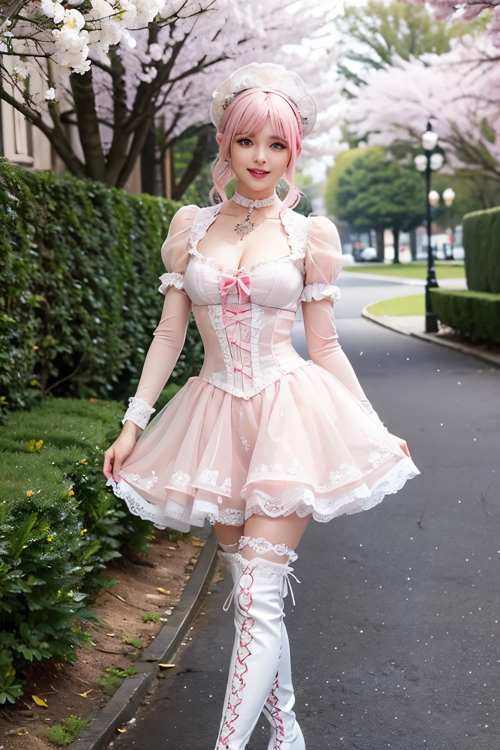 (nsfw), sexy stylish Swedish model, only 1 female, ((doll-like appearance)), short neon pink stylish hair, ((shiny Victorian-Style boots)), (big smile), ultra detailed eyes, vivid eye makeup, lipgloss, long lashes, defined eyebrows, ((sexy Paradise Kiss cosplay)), bell-shaped skirt, petticoats, high neckline, puffed sleeves, ((ultra detailed lace)), ((ultra detailed embroidery)), intricate details, Paradise Kiss accessoires and matching headpiece, choker, ((large sparkling Paradise Kiss jewelry)), cinematic light, detailed large park background with trees