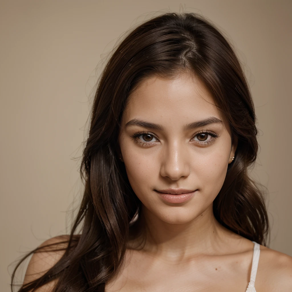 real portarait Woman, colombian, 25 years old, fair skin, brown eyes, delicate nose, soft and delicate lips, brown hair, sweet smile. medium size portrait photograph. ultra high res.photo realistic: 1.4, UDH,