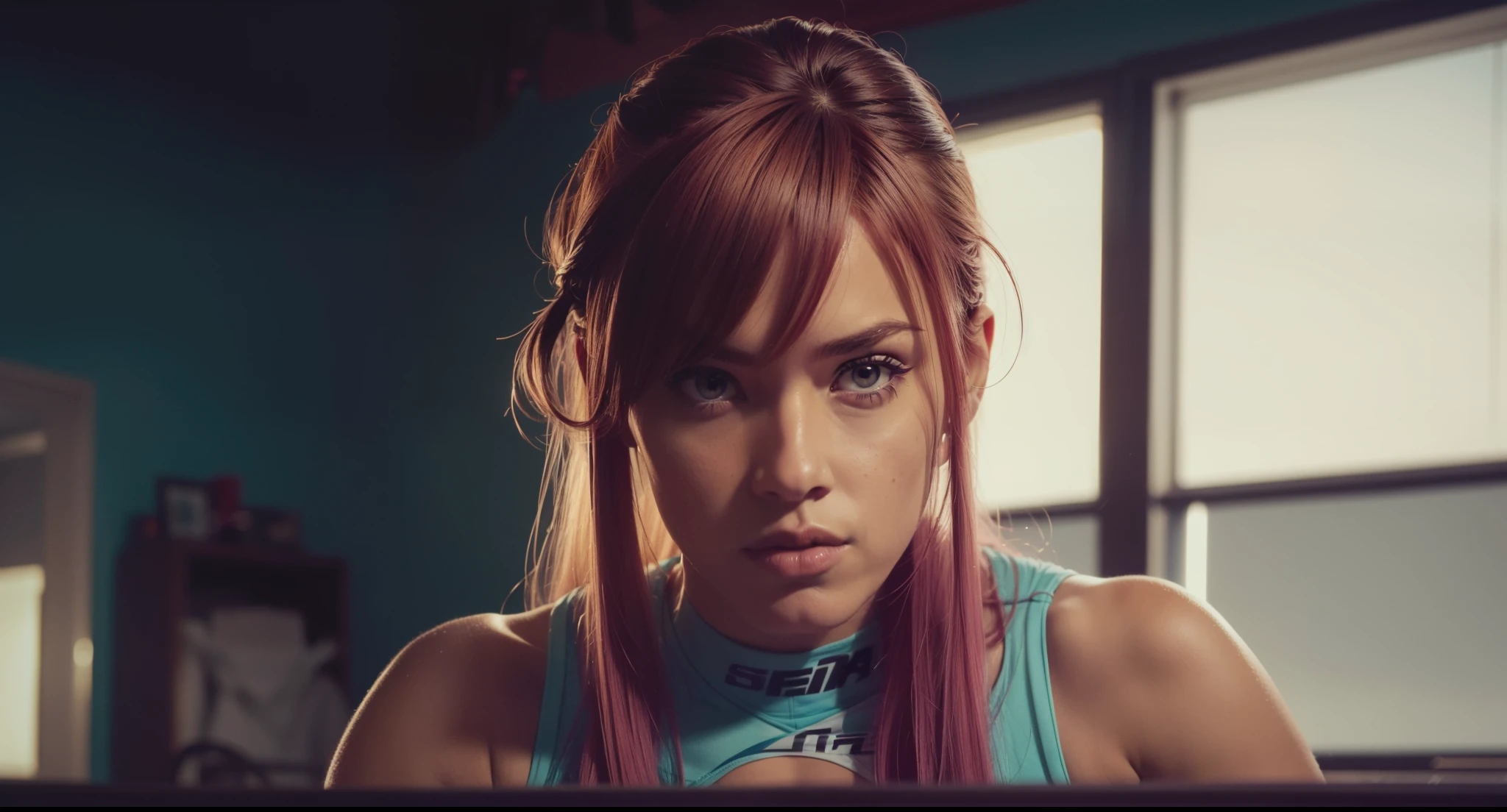 Wes Anderson-style portrait of wwe Asuka in a gym looker room highly detailed, intricate, sharp focus, depth of field, f/1. 4, 24mm, medium shot, mid shot, (centered image composition), (professionally color graded), ((bright soft diffused light)), volumetric fog, trending on Instagram, trending on Tumblr, hdr 4k, 8k Psicodelia, retro-futurista,
