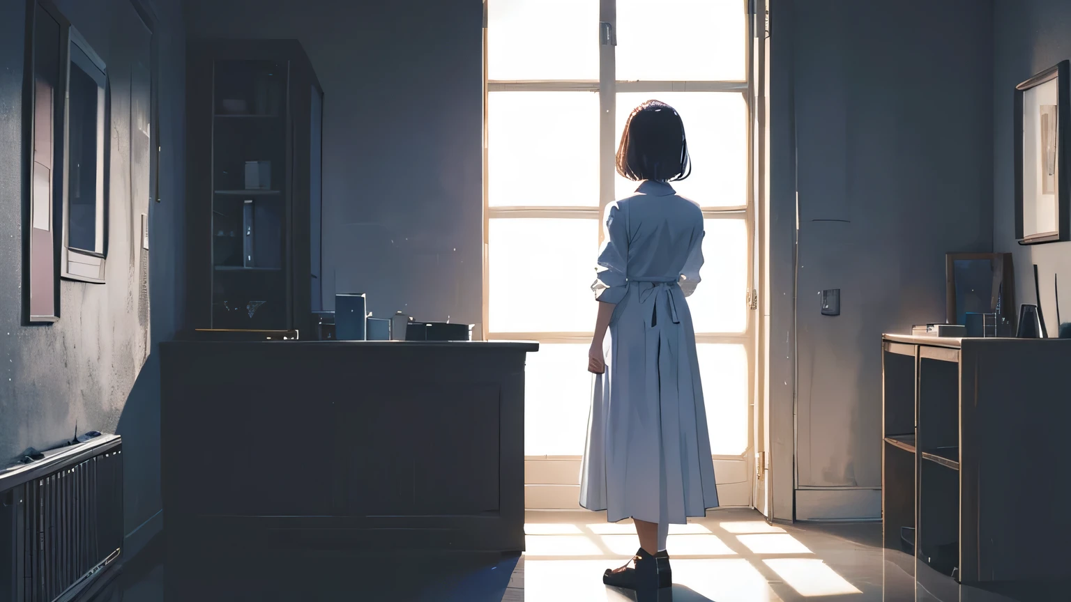 The back view of a woman standing in a room with a slight light shining through in a pitch-dark place.