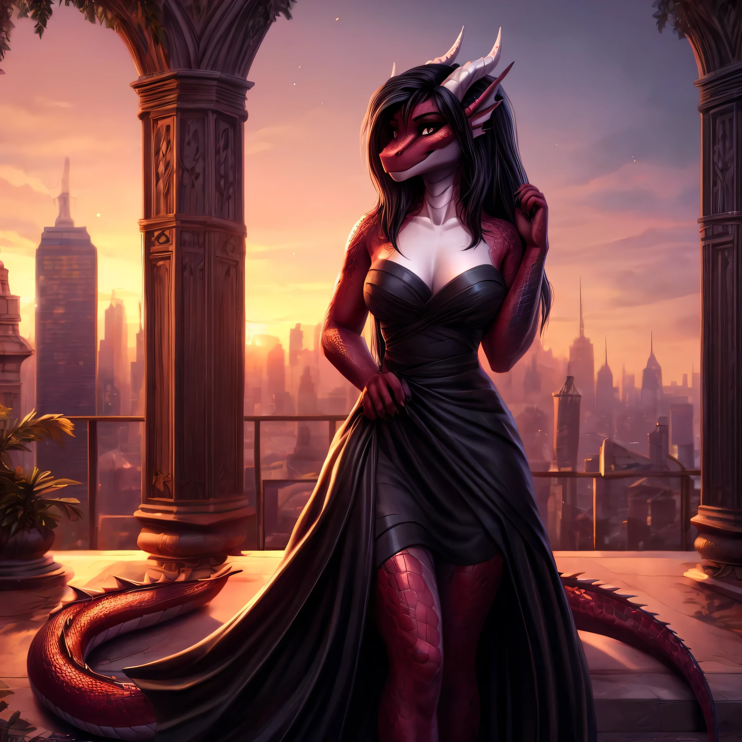 Anthro dragon, red-skinned, female,
(Detailed scales: 1.2), solo, 1 person,
slightly NSFW, 8k, 4k, (masterpiece: 1.21),
(best quality: 1.2), (illustration: 1.2),
(cinematic lighting: 1.3), (Ultra detailed: 1.5),
with long, flowing black hair and a hint of a mysterious smile, she smirks confidently out at a sprawling city skyline. Her elegant black silk dress, hugging her figure, features a modest V-neckline (the V-shaped