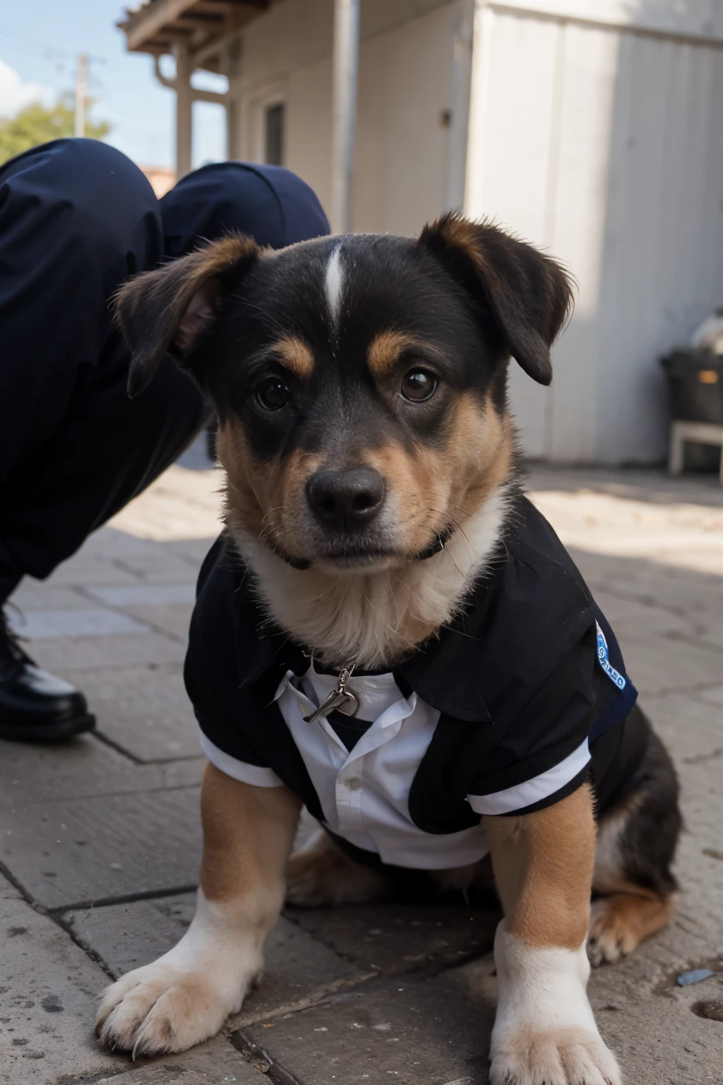 un cachorro de perro de raza terno negro camisa blanca corbata negra y lentes de sol de policia