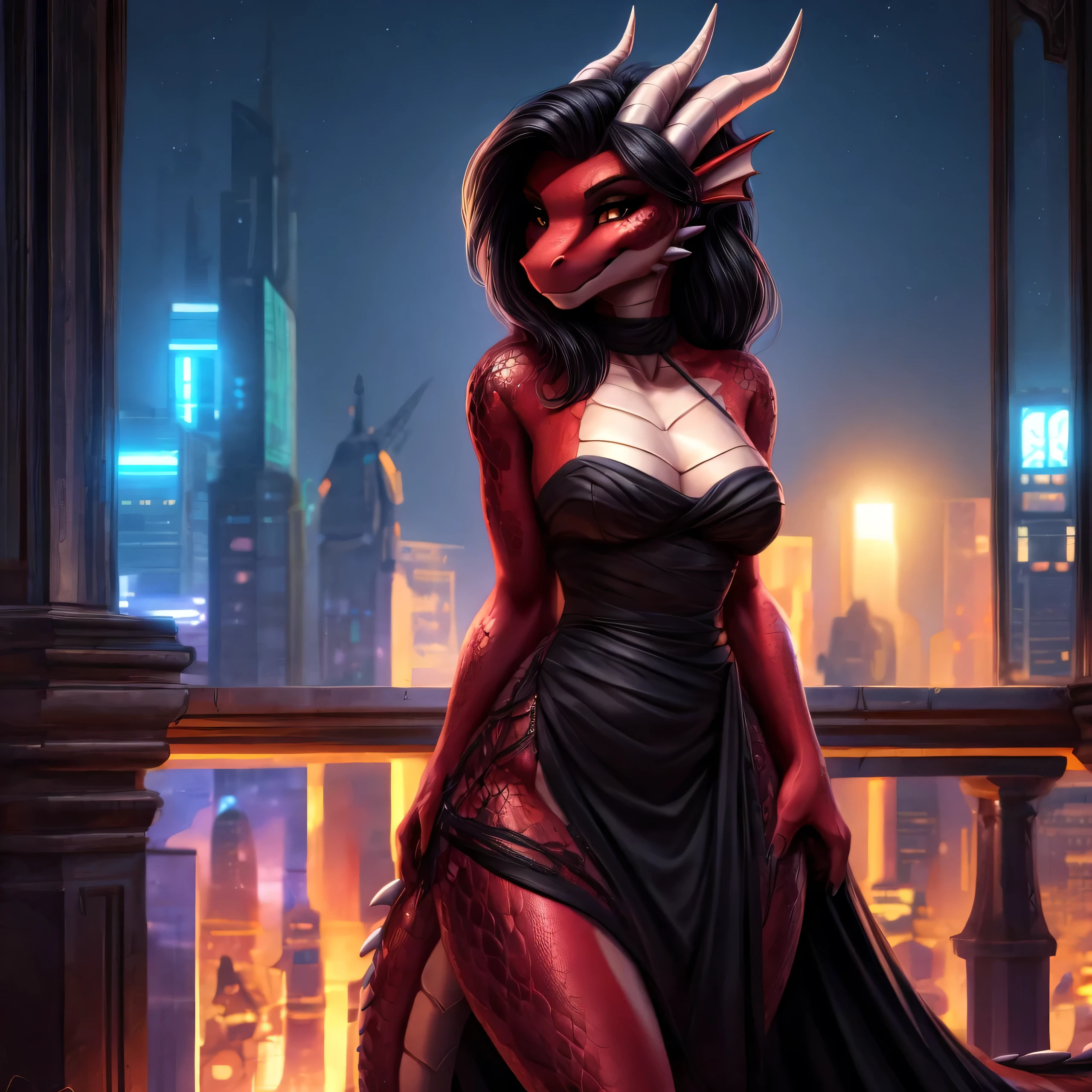 Anthro dragon, red-skinned, female,
(Detailed scales: 1.2), solo, 1 person,
slightly NSFW, 8k, 4k, (masterpiece: 1.21),
(best quality: 1.2), (illustration: 1.2),
(cinematic lighting: 1.3), (Ultra detailed: 1.5),
with long, flowing black hair and a hint of a mysterious smile, she smirks confidently out at a sprawling city skyline. Her elegant black silk dress, hugging her figure, features a modest V-neckline (the V-shaped