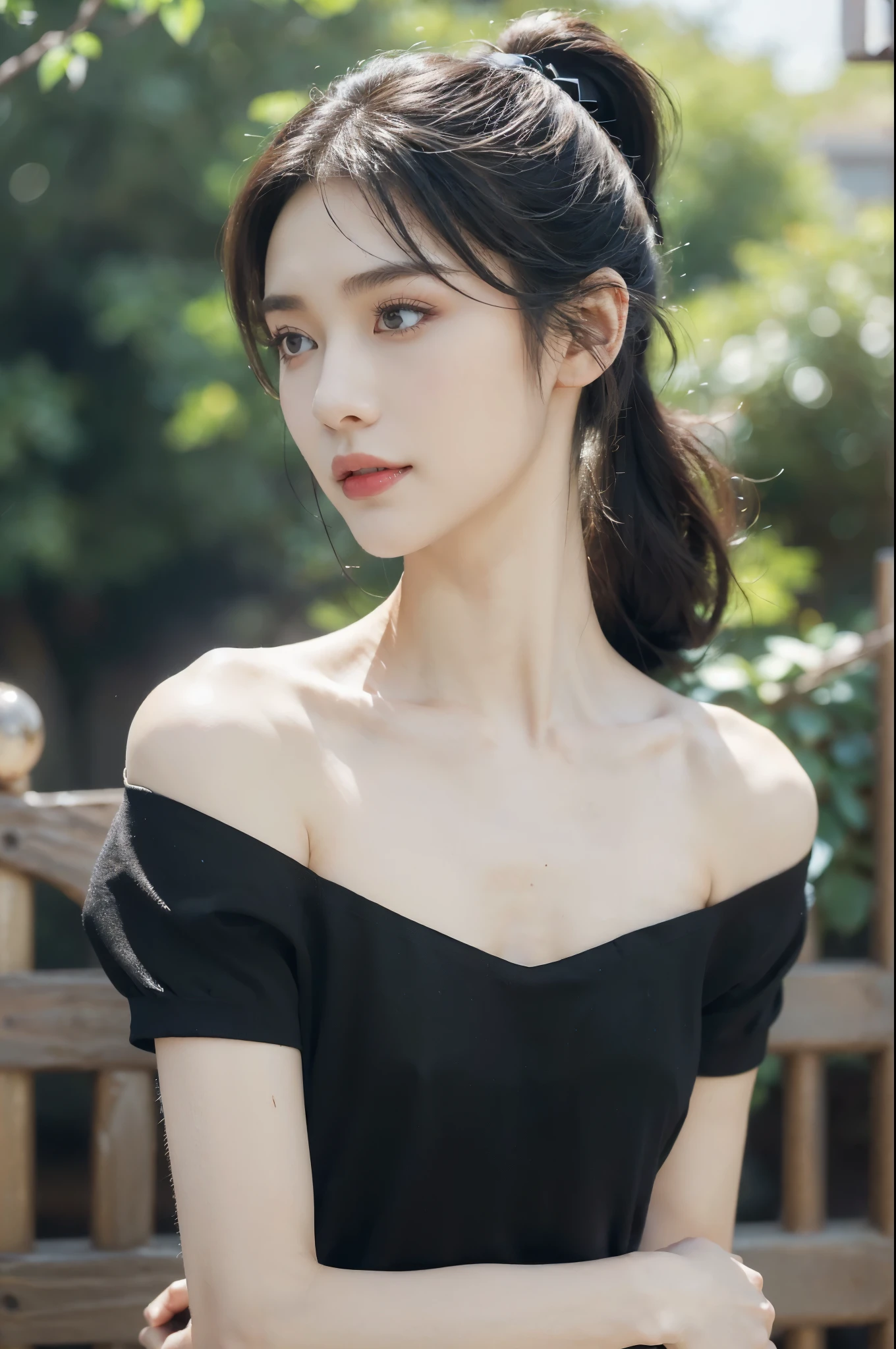 (Extremely meticulous CG),(((8k))),wallpaper,((Extremely refined and beautiful)),(((Masterpiece))),(((best qualtiy))),(((Ultra High Resolution))),beautiful light up,realistic shaded,(Smooth and flawless fair skin:1.5),(Extremely exquisite facial details:1.2),(ultra-detailed:1.5),((a beautiful girl,solo)),(short ponytail:1.2),(small head:1.2),(slender face:1.2),(Exquisite makeup:1.3),(happy:1.2),(laughing:1.2),(perfect body:1.1),(short sleeves:1.2),(black shirt:1.3),(small breasts:1.2),(flat chest:1.2),((slim,thin)),(from front:1.3),(standing:1.3),(arms behind back:1.2),(at the schoolgate:1.3),(outdoor:1.2),(early summer:1.3),(day scene:1.5),(Sunny:1.3),(surrounded by crowded crowds:1.3),(close-up of face:1.3),