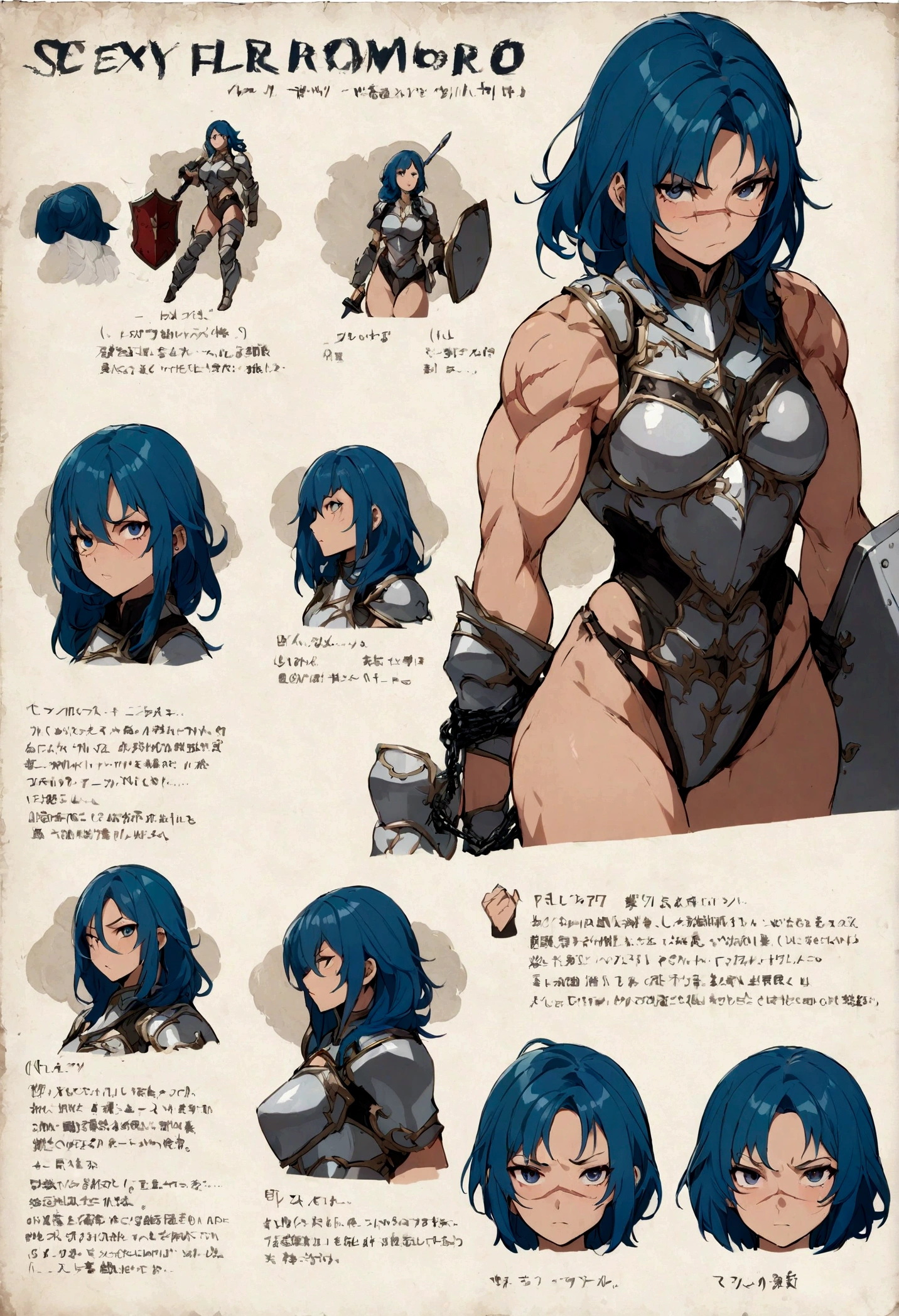 female character, sexy armor, shield and sword, muscular, blue hair, full of scar, character sheets,chained,sexy